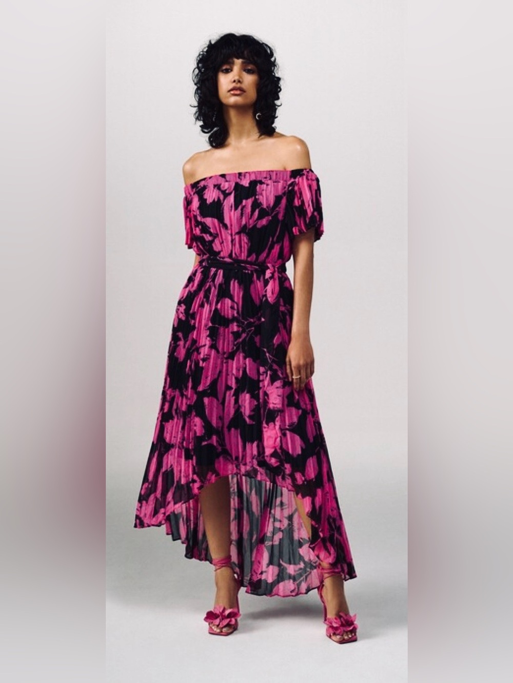 Joseph Ribkoff Black and Hot Pink Off-Shoulder High-Low Dress